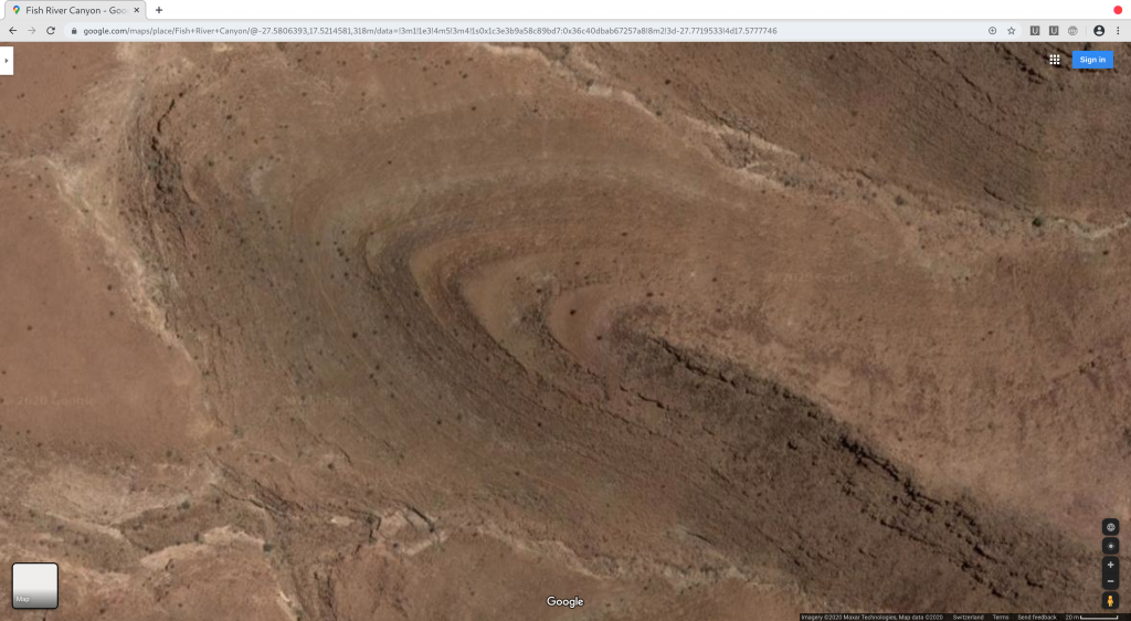 Figure 3: Namibia - Google Maps - Fish River Canyon - Close-up of part of Figure 2, definition is still evident on the terraced layers of this structural remain