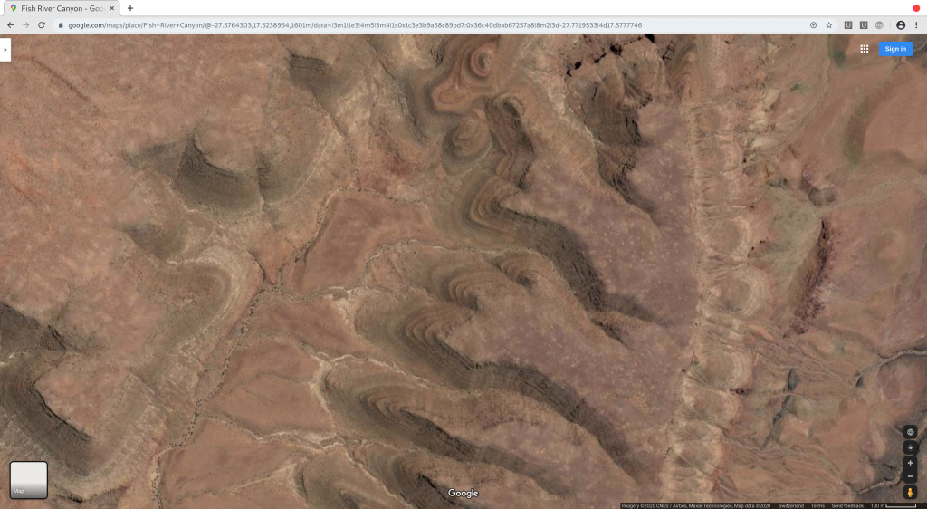 Figure 2: Namibia - Google Maps - Fish River Canyon - Overhead shot demonstrates the terraced artificial nature of these structural remains