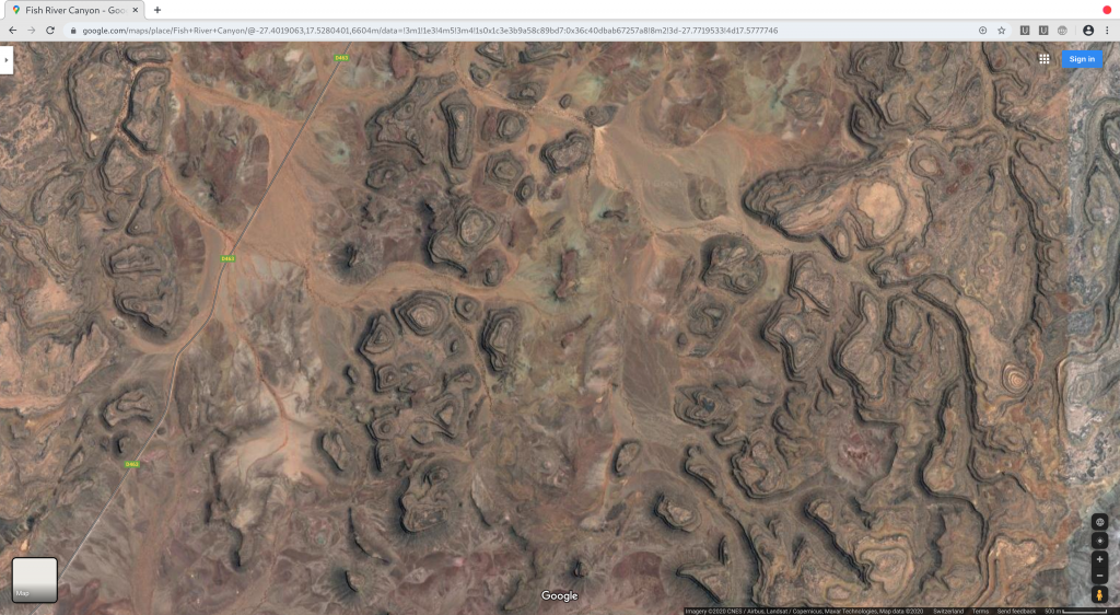 Figure 4: Namibia - Google Maps - Fish River Canyon - Overhead view of large area of terraced structure remains