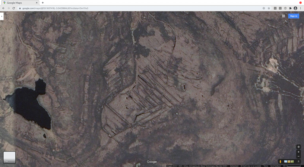 Figure 2: Rousay - Google Maps - Hill is shown to contain remains of civilisation